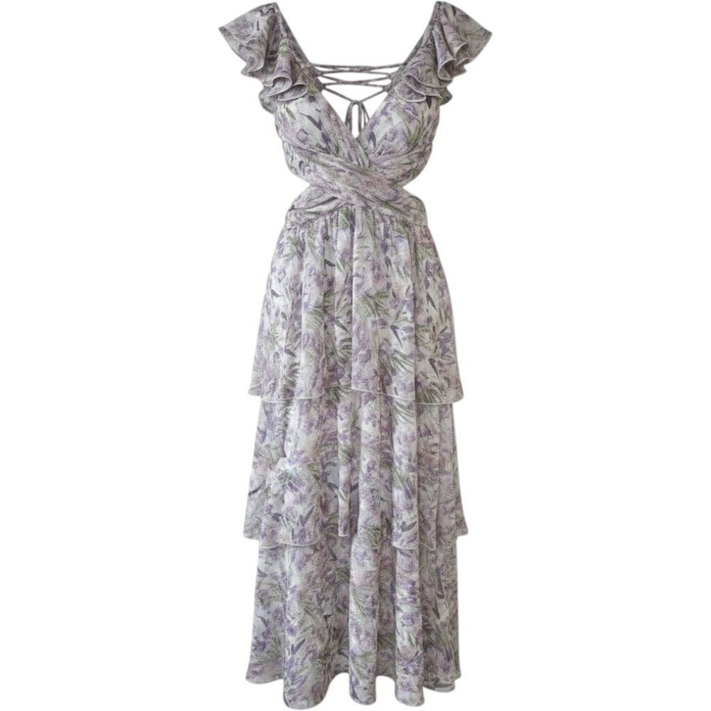 ASTR the Label Floral Tiered Maxi Dress‎ Lavender Ruffle Lace Up Back Cutout S